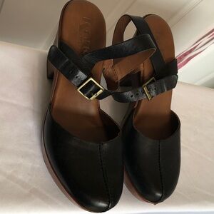 Kork-Ease Black Leather Clogs with Strap